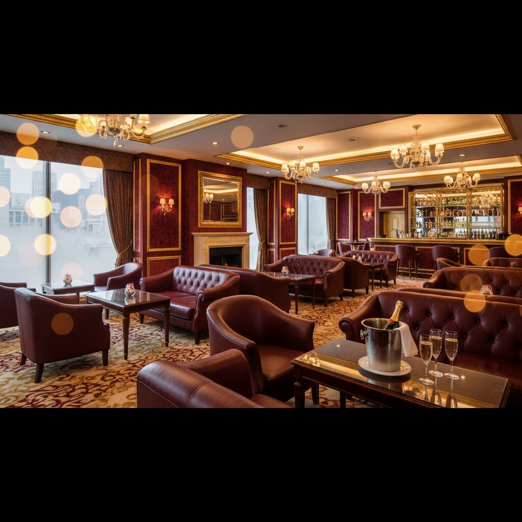 VIP lounge sang trọng với ghế da và champagne